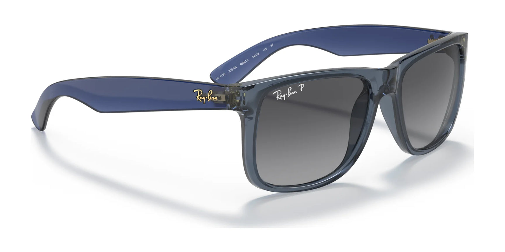 Ray-Ban JUSTIN RB4165 blue-frame sunglasses feature dark lenses, 100% UV protection, and the iconic brand logo on the temples.