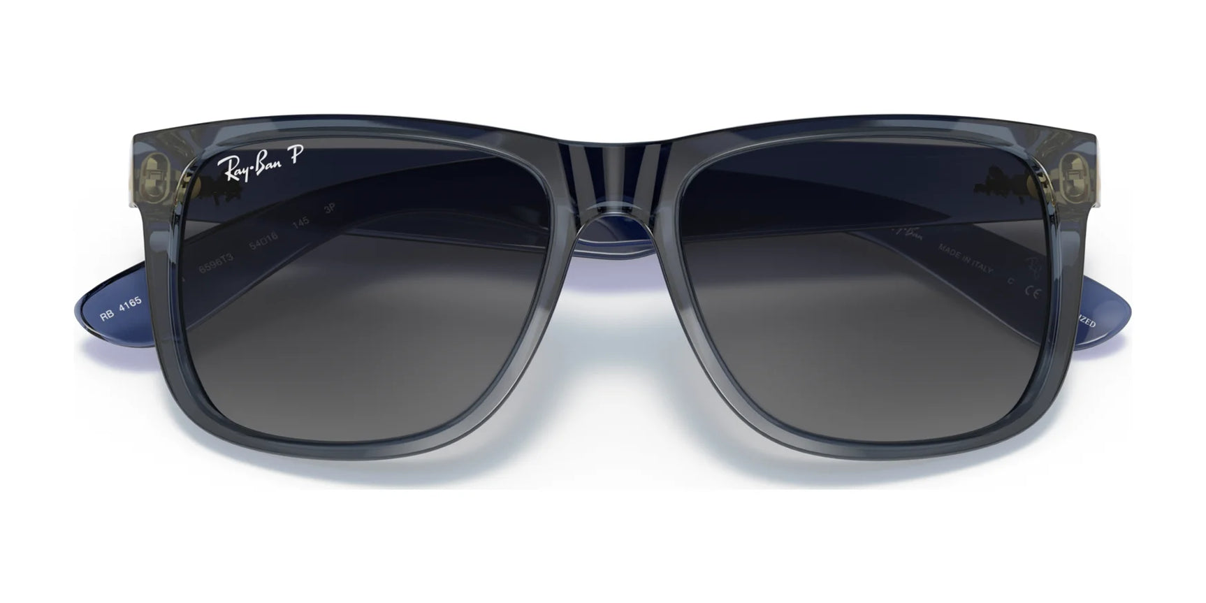 The Ray-Ban JUSTIN RB4165 sunglasses feature a sleek square design, dark lenses with a subtle logo on the top left lens, and offer 100% UV protection.