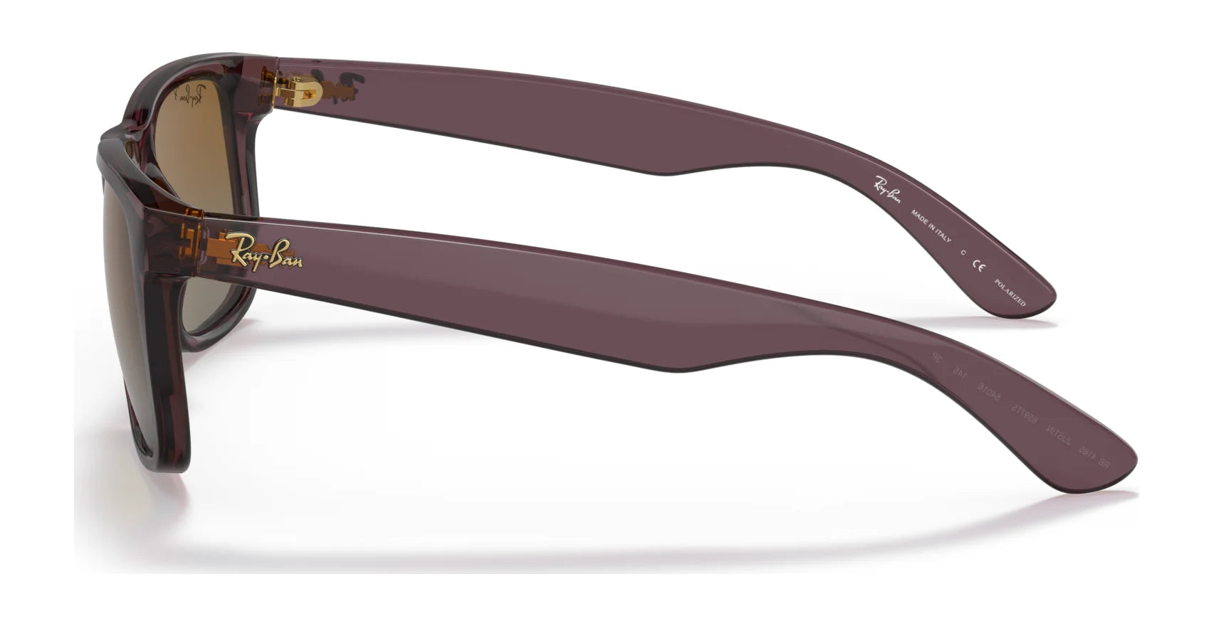 Side view of Ray-Ban JUSTIN RB4165 square sunglasses in brown, featuring a gold logo on the temples and offering 100% UV protection.