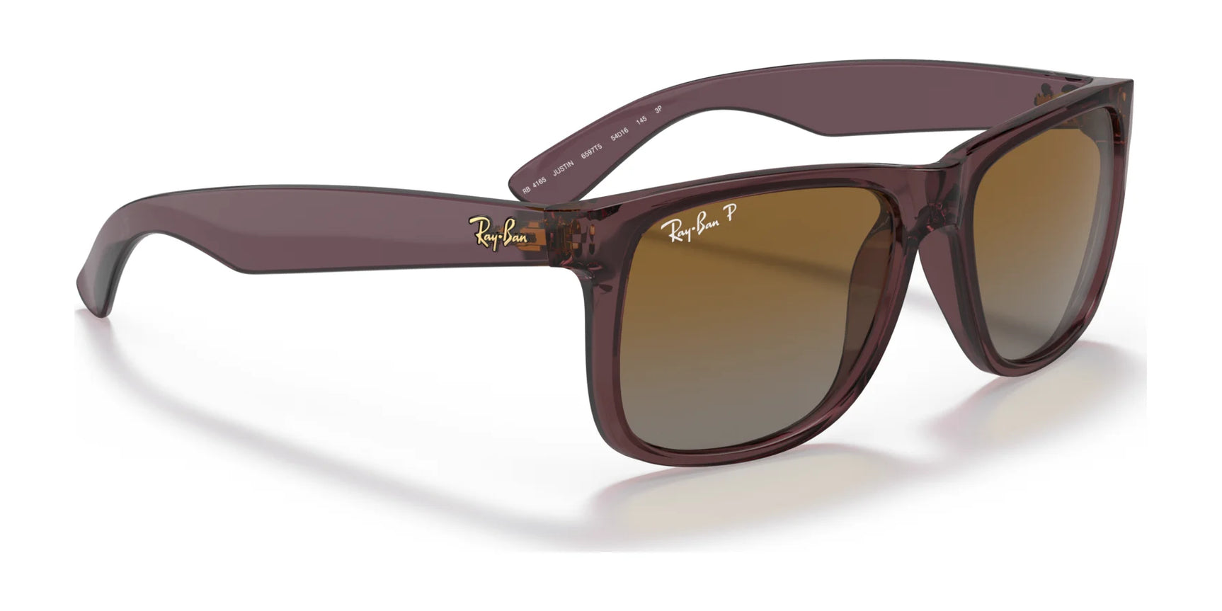 Ray-Ban JUSTIN RB4165 sunglasses feature brown tinted lenses and a stylish logo on the arms with 100% UV protection, blending fashion with function. Perfectly showcased on a white background.