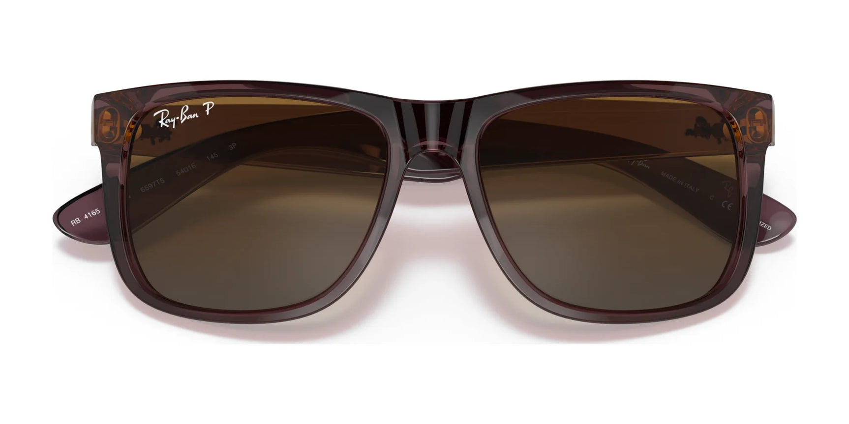 A pair of Ray-Ban JUSTIN RB4165 square sunglasses in brown, featuring tinted lenses and 100% UV protection, displayed on a white background.