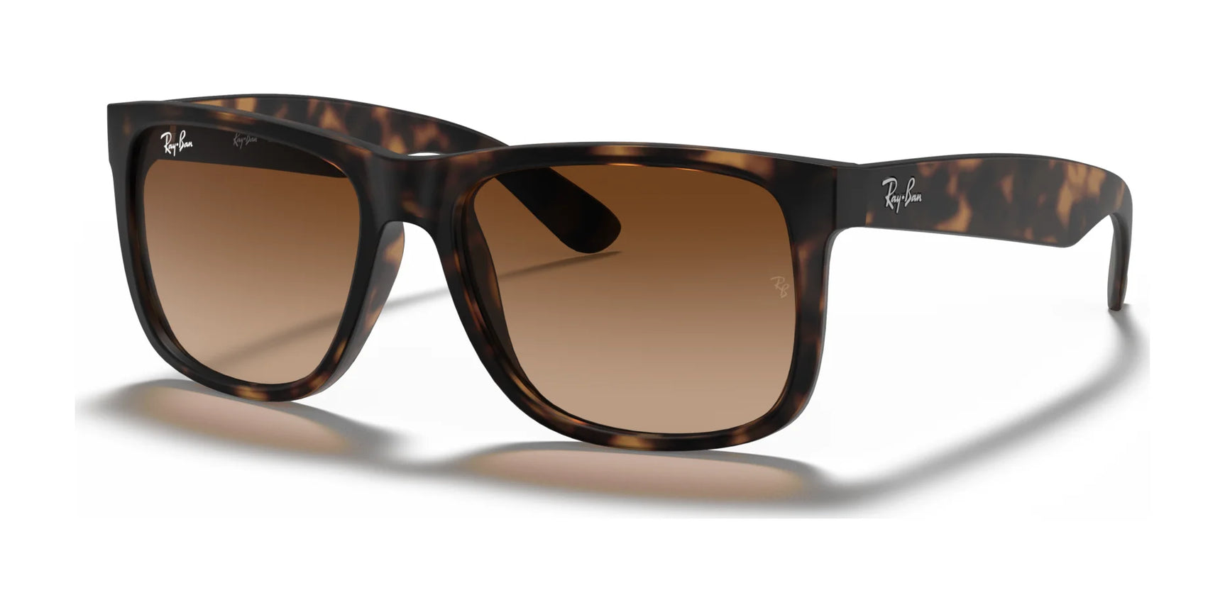 Ray-Ban JUSTIN RB4165 Havana №710/13 sunglasses feature square frames with brown lenses, offering 100% UV protection and are elegantly displayed on a white background.