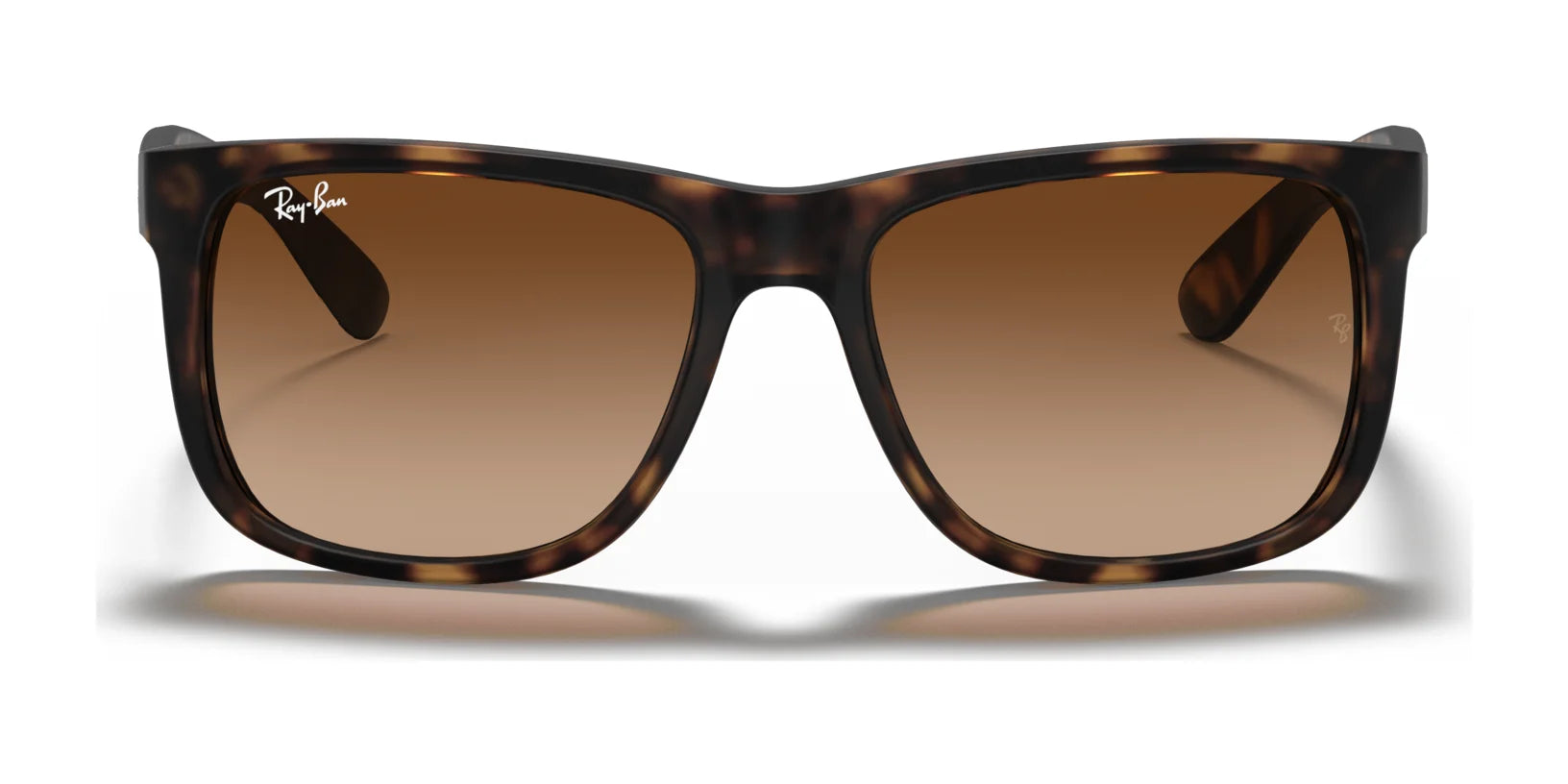 Ray-Ban JUSTIN RB4165 sunglasses feature a square shape with gradient brown lenses, offering 100% UV protection, all set against a white background.