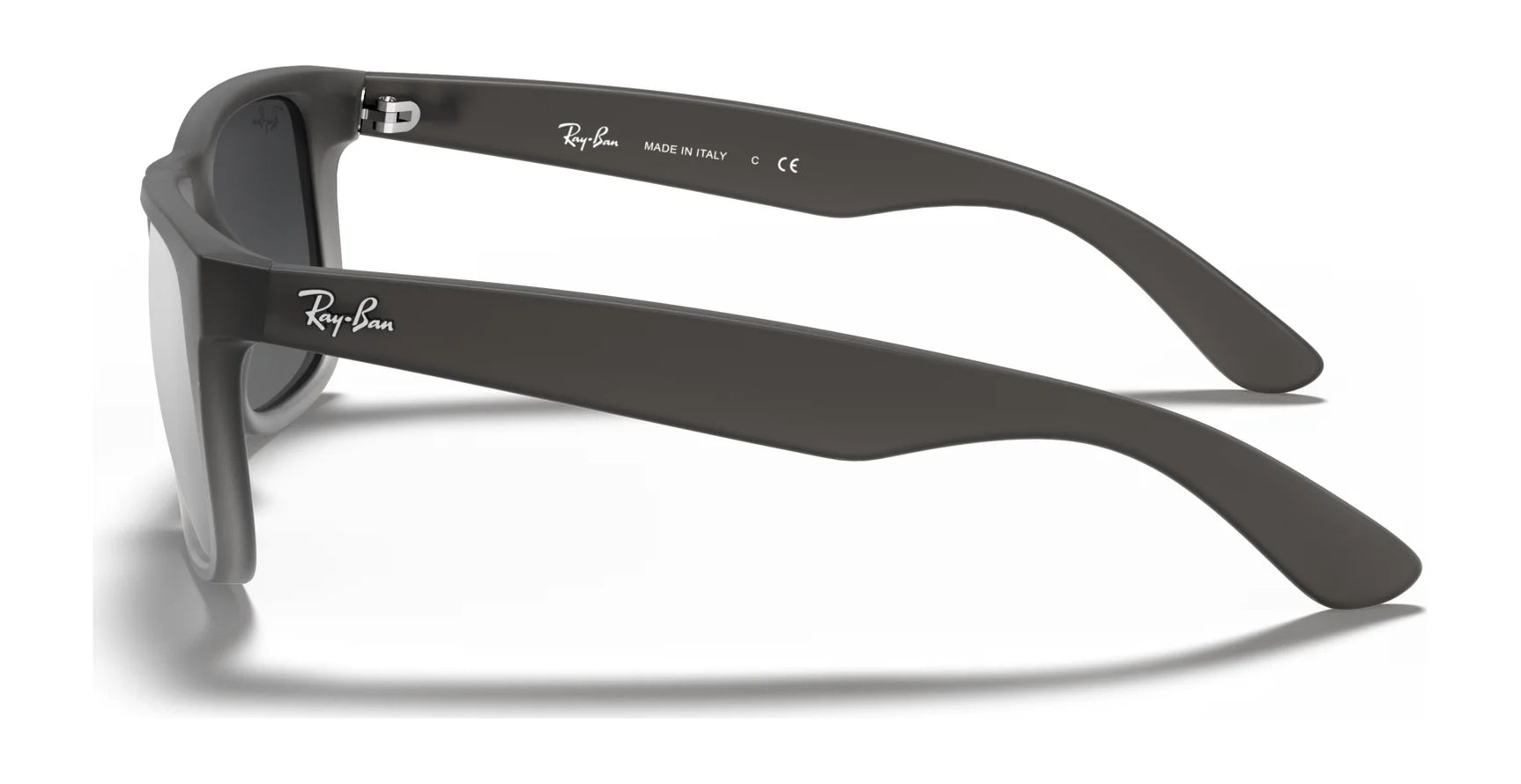 Side view of Ray-Ban JUSTIN RB4165 square sunglasses in black, featuring the "Ray-Ban" logo on the arms and providing 100% UV protection.