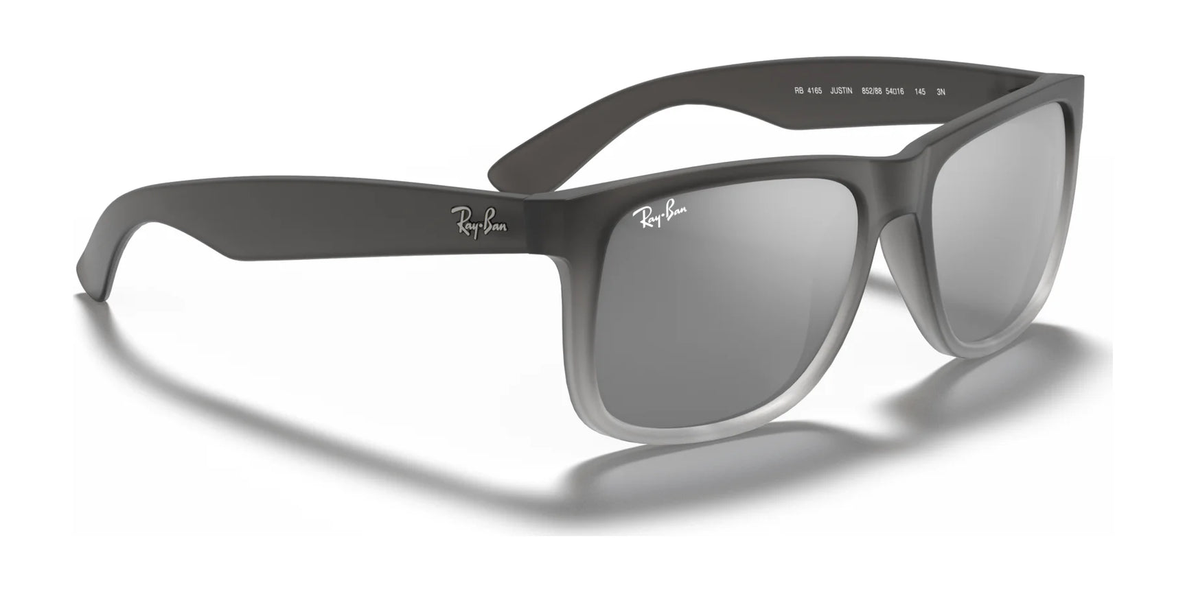 Square Ray-Ban JUSTIN RB4165 sunglasses with glossy lenses and a sleek logo on the arm provide 100% UV protection.