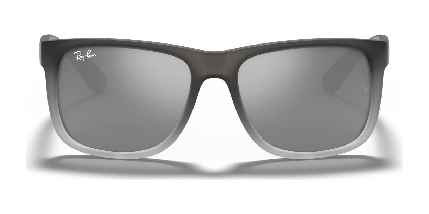 Ray-Ban JUSTIN RB4165 sunglasses feature gray-tinted lenses offering 100% UV protection, elegantly set against a white background.