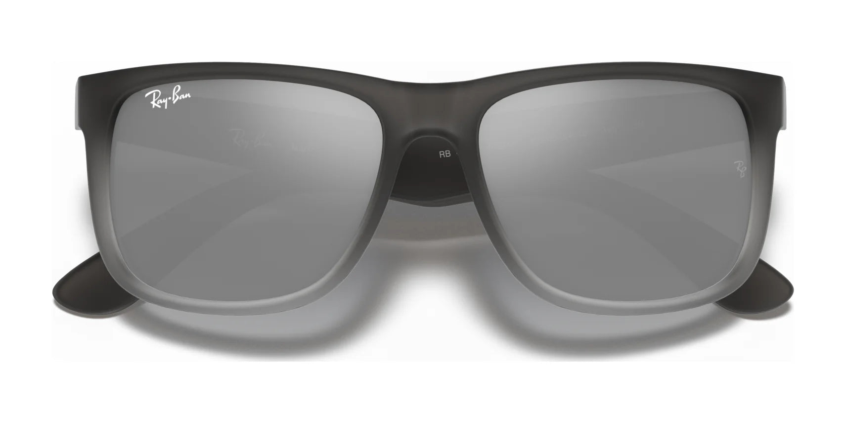 The Ray-Ban JUSTIN RB4165 sunglasses feature square black frames, reflective lenses with 100% UV protection, and a discreet logo on one lens.