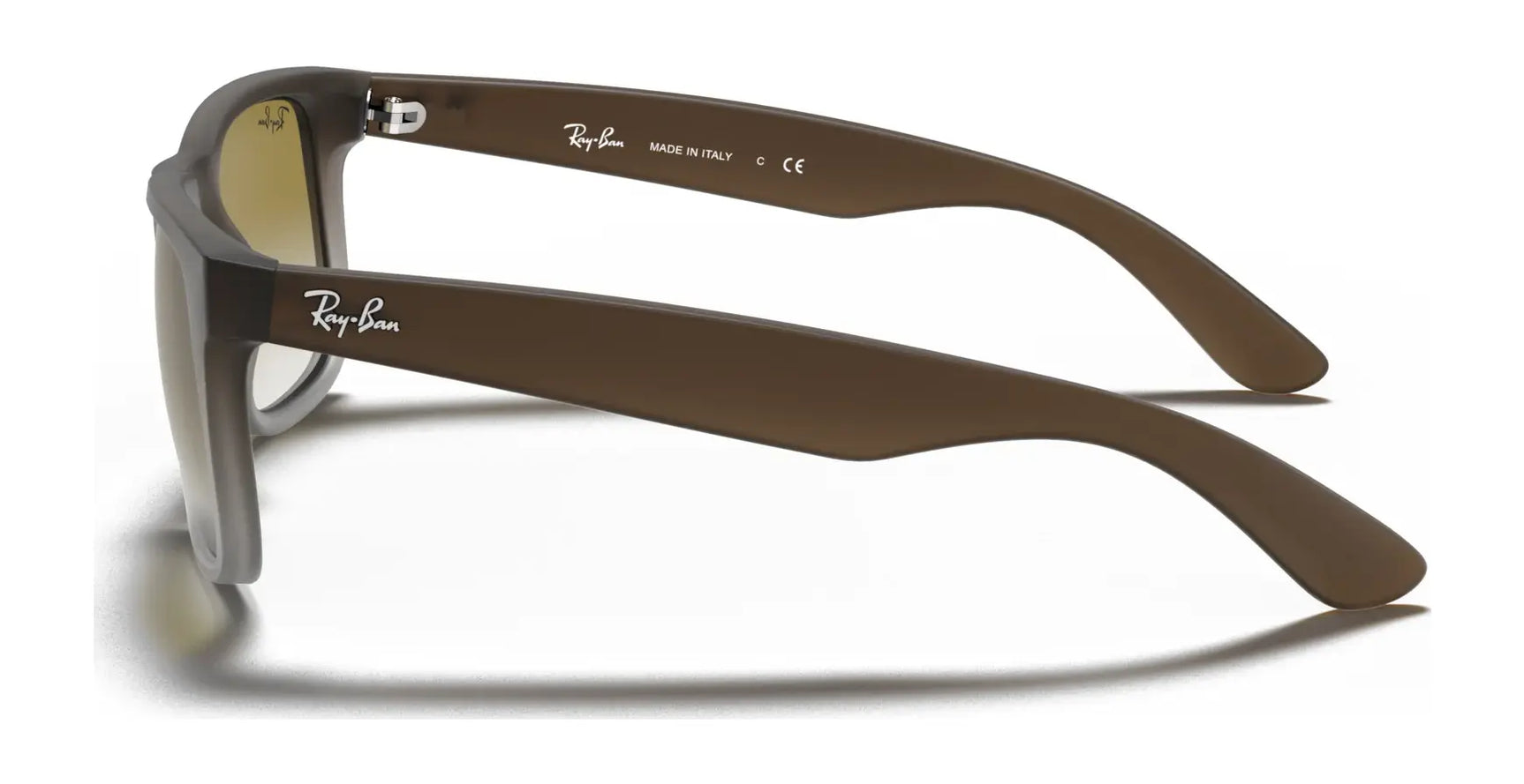 Side view of Ray-Ban JUSTIN RB4165 sunglasses in brown, featuring a square shape and Ray-Ban logo on the temples, providing 100% UV protection.