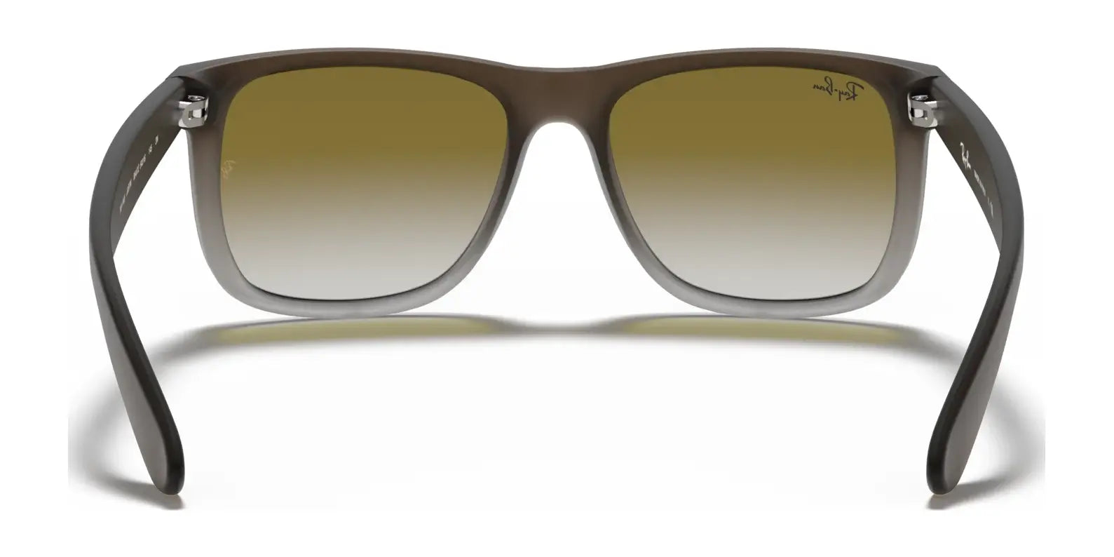 The Ray-Ban JUSTIN RB4165 sunglasses have square lenses with a sleek gray gradient, a light brown tint, and 100% UV protection.