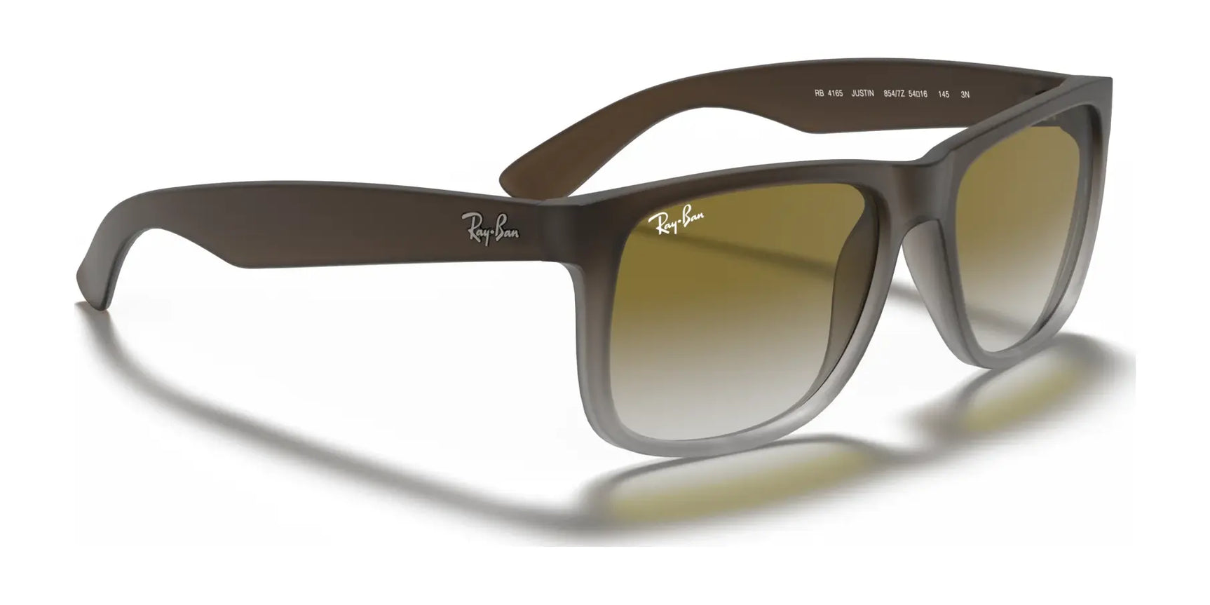 Ray-Ban JUSTIN RB4165 sunglasses feature gradient lenses, dark frames, and an angled logo on the temples. They offer 100% UV protection with a square shape.