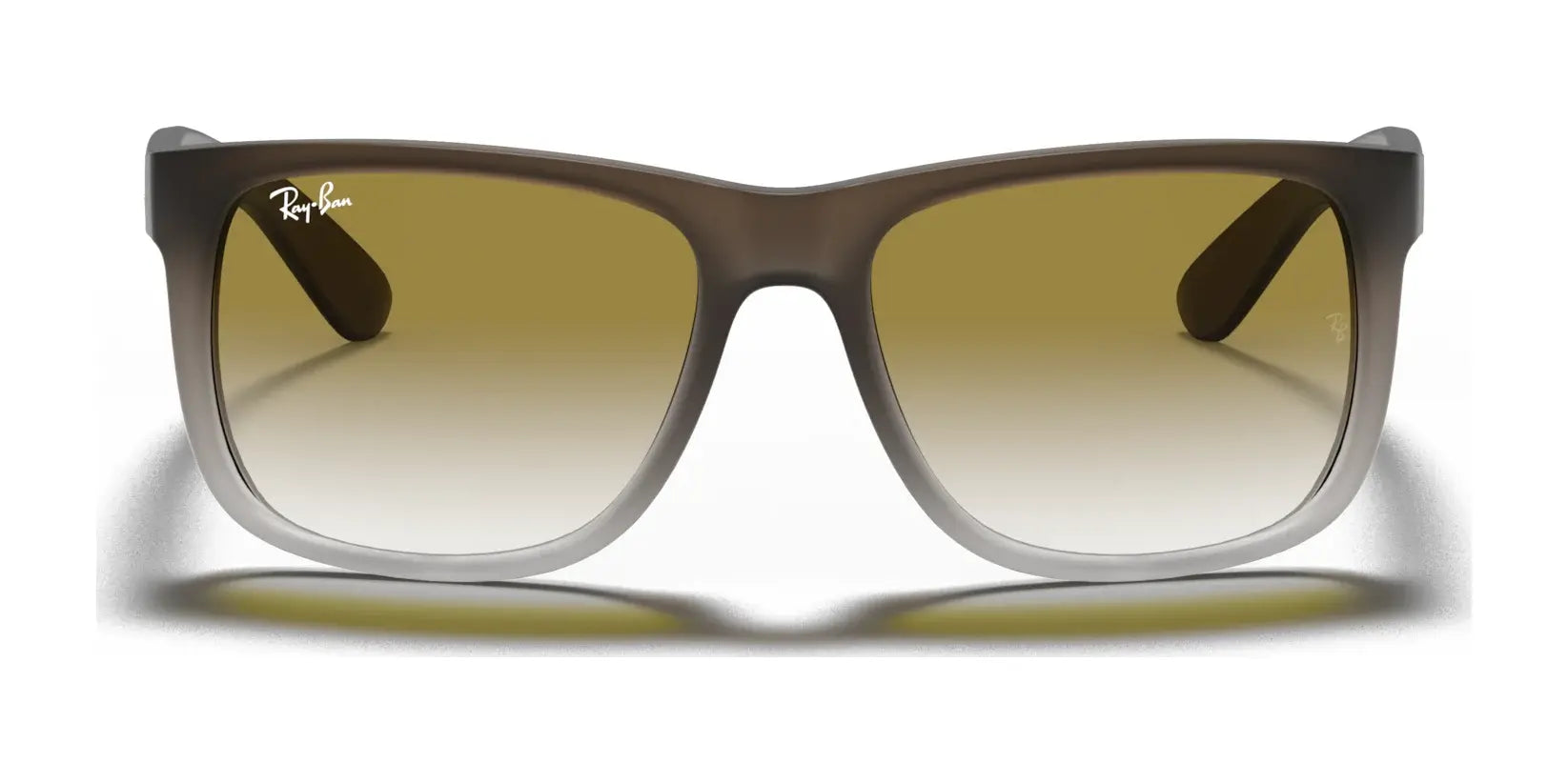 Explore the stylish Ray-Ban JUSTIN RB4165 Sunglasses, showcasing a brown and gray gradient with a reflective shadow on white. These square-shaped classics offer 100% UV protection, effortlessly combining fashion and safety for your eyes.