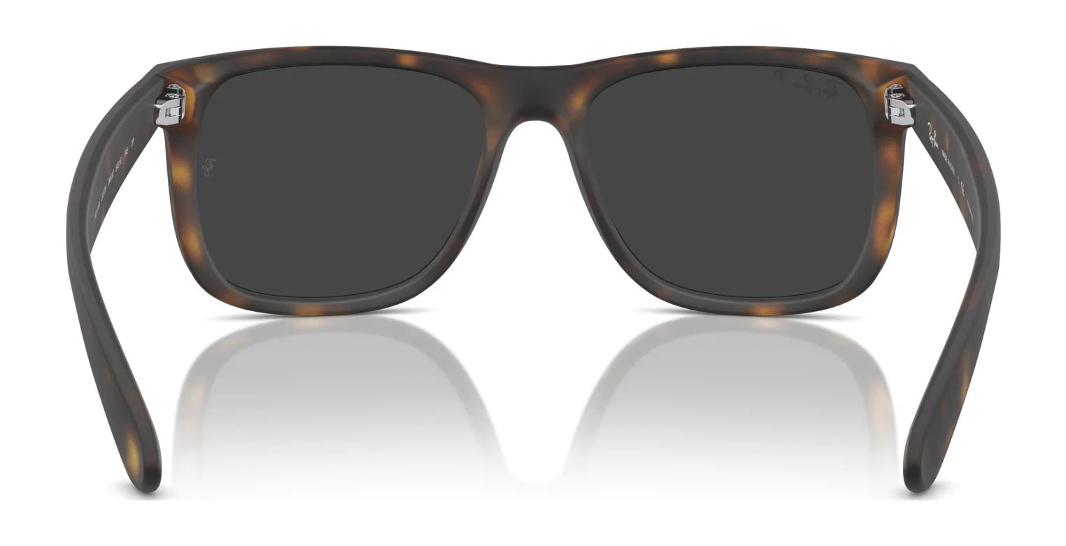 Ray-Ban JUSTIN RB4165 sunglasses with tortoiseshell frames and dark lenses, offering 100% UV protection, viewed from the front.