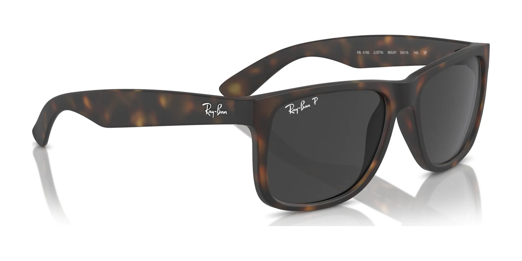 The Ray-Ban JUSTIN RB4165 sunglasses feature a tortoiseshell square shape and dark lenses, complete with the iconic logo on the sides. Enjoy style and 100% UV protection with every wear.