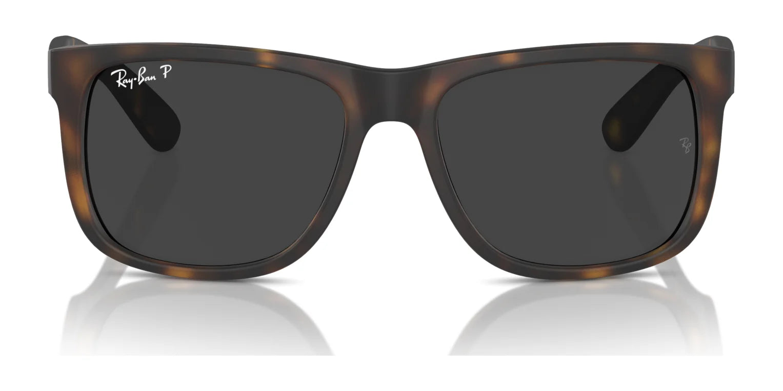 Ray-Ban JUSTIN RB4165 Sunglasses feature a tortoiseshell design with dark lenses, offering a stylish twist on classic square shapes and 100% UV protection against a white background, blending fashion and function.