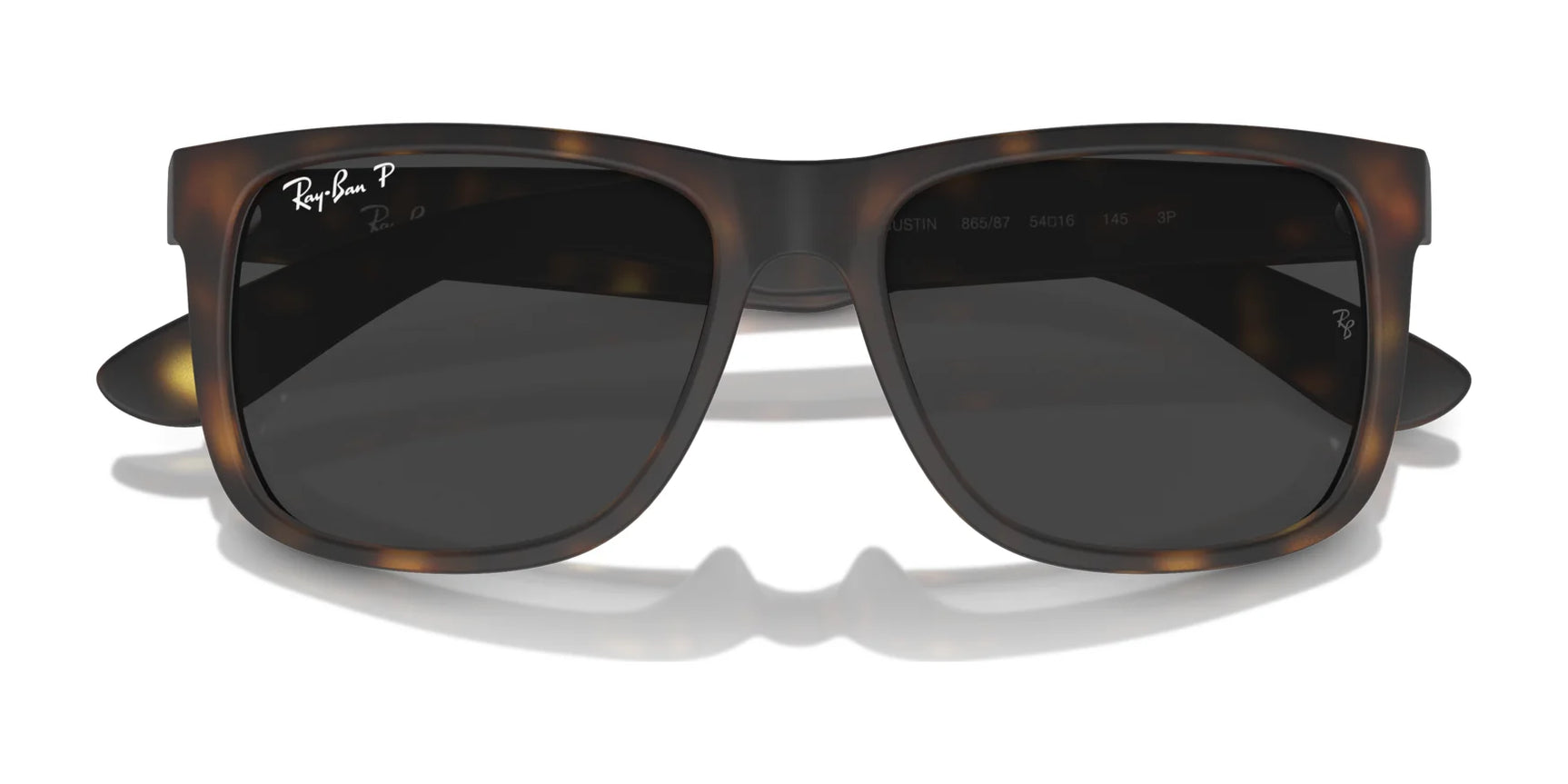 Ray-Ban JUSTIN RB4165 sunglasses feature a tortoiseshell rectangular frame with dark lenses offering 100% UV protection, stylishly displayed on a white background.