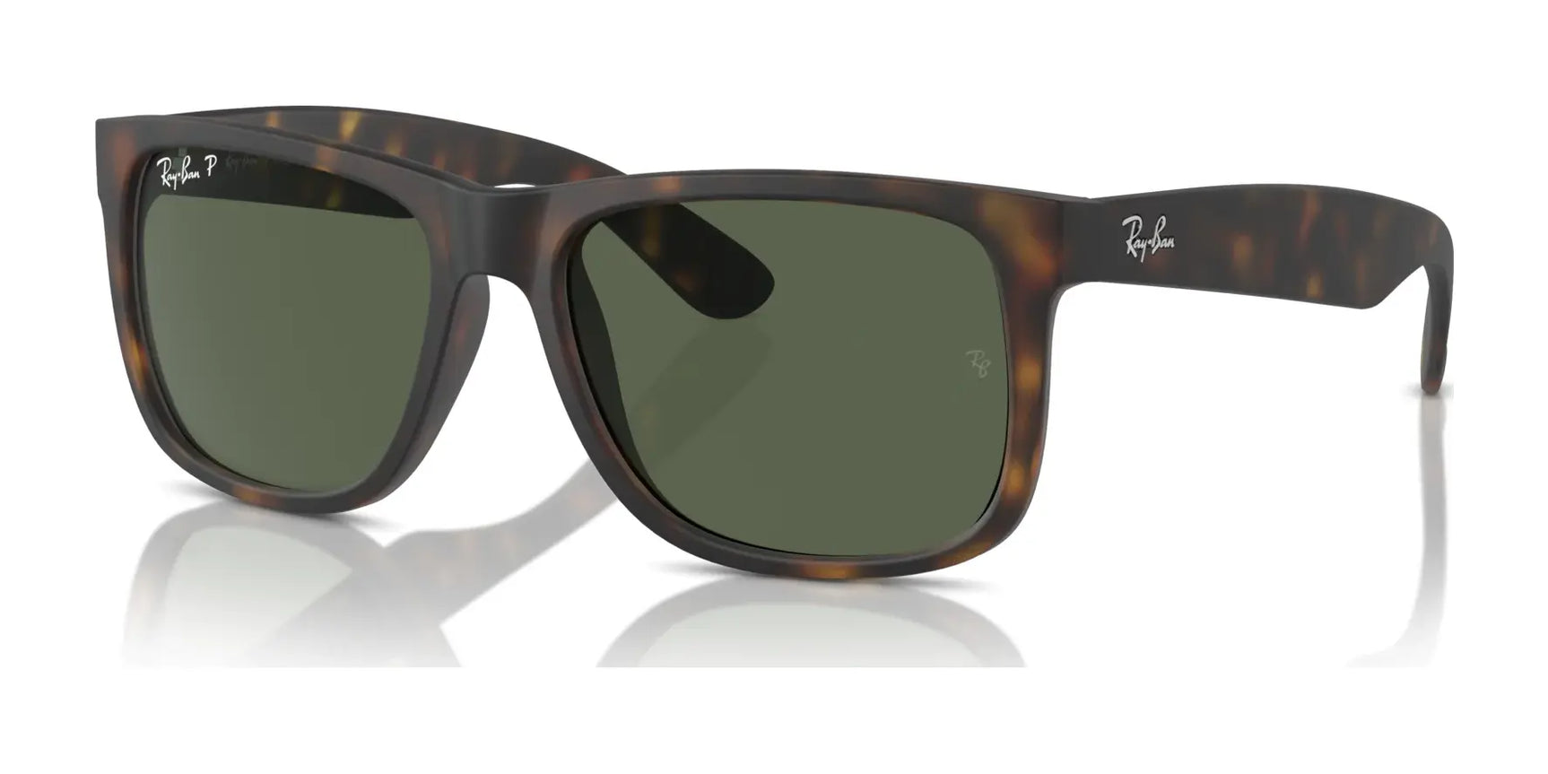 The Ray-Ban JUSTIN RB4165 sunglasses in Havana №865/9A feature tortoiseshell square frames with green lenses, subtle frame logo, and offer 100% UV protection.