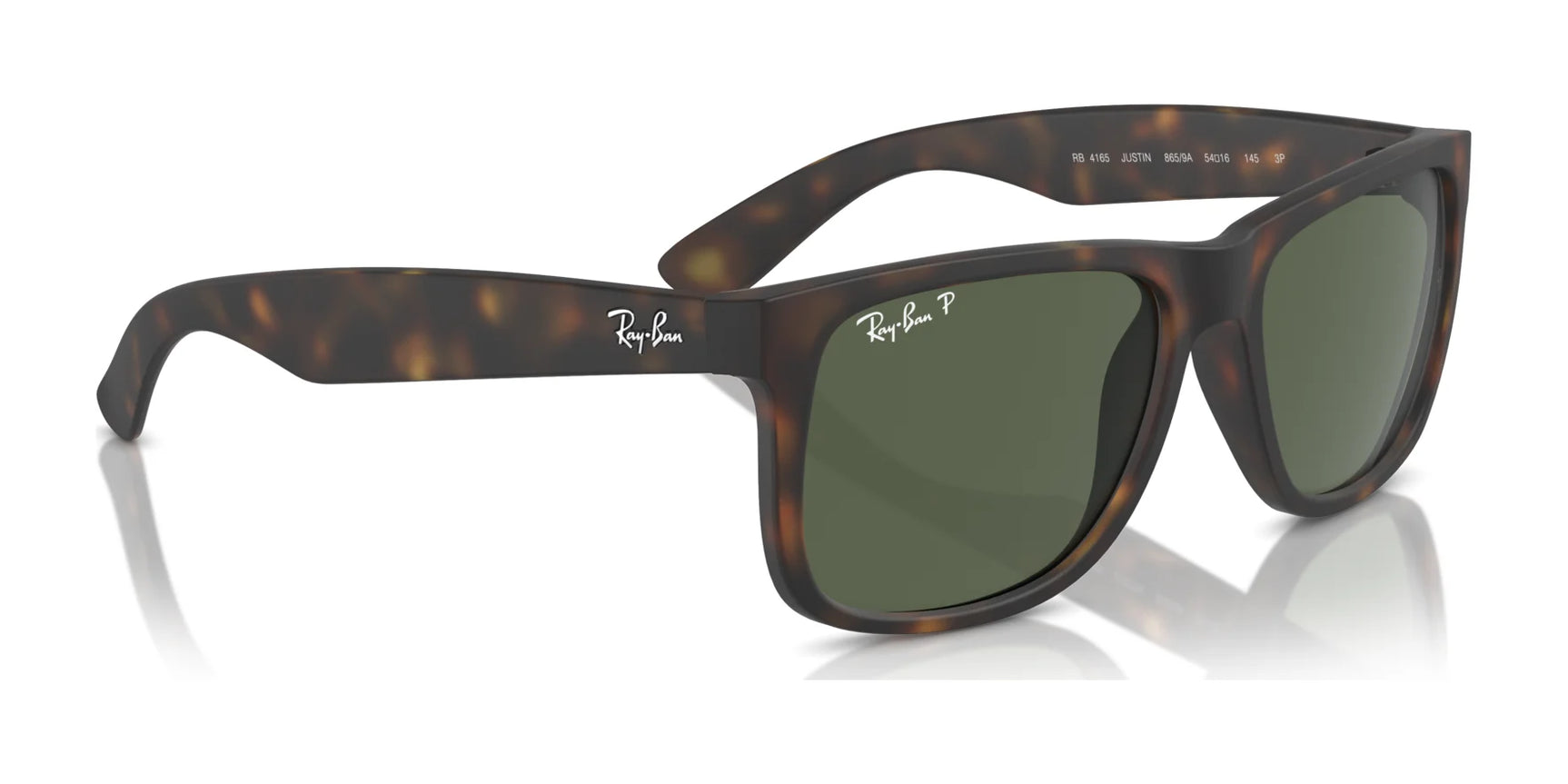 The Ray-Ban JUSTIN RB4165 sunglasses flaunt tortoise shell frames and green lenses, providing 100% UV protection. Look for the iconic Ray-Ban logo on both the temples and lens corner.