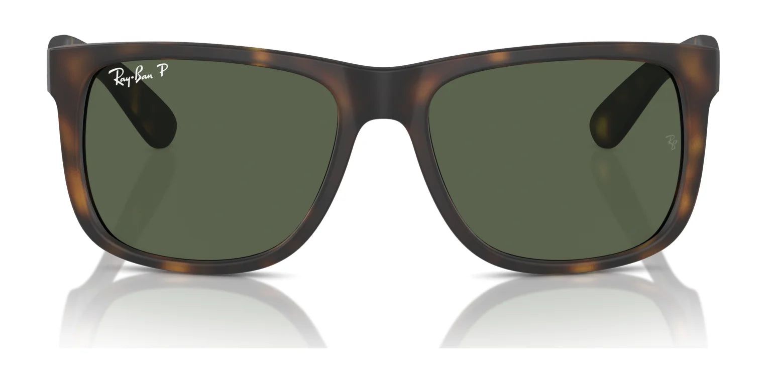 The Ray-Ban JUSTIN RB4165 sunglasses boast a classic brown tortoiseshell frame and square design, complemented by green lenses offering 100% UV protection. The iconic Ray-Ban logo is elegantly placed on the top left lens for added style.