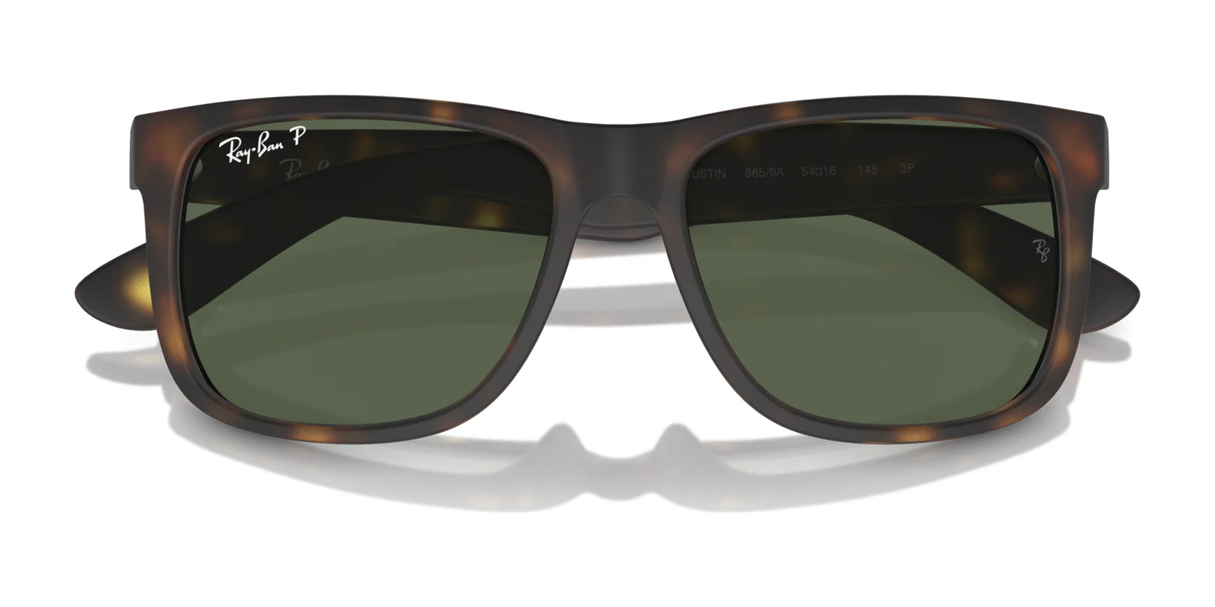 Ray-Ban JUSTIN RB4165 tortoiseshell sunglasses feature green lenses and provide 100% UV protection, showcased on a white background.