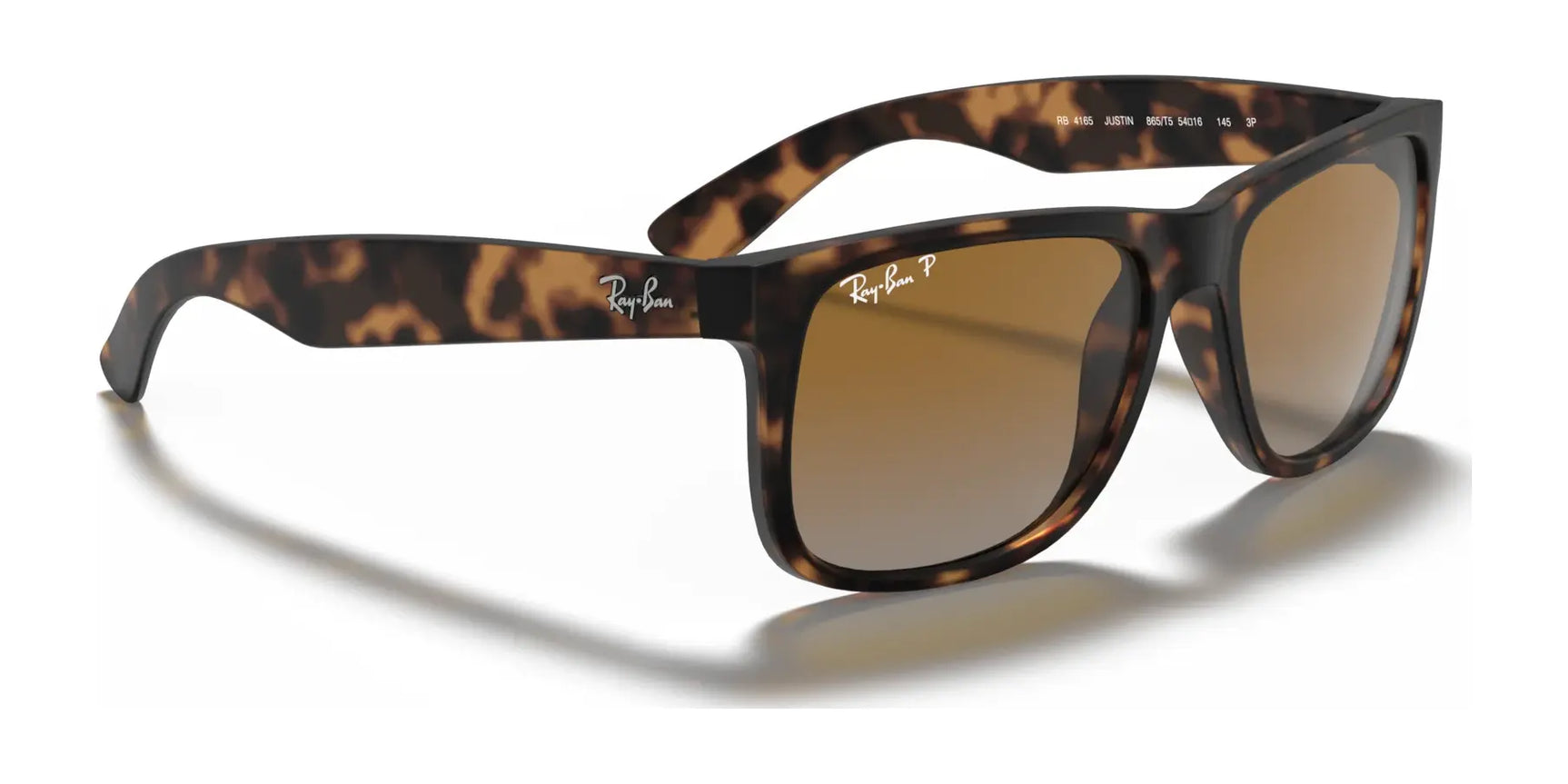 The Ray-Ban JUSTIN RB4165 sunglasses in tortoiseshell feature square lenses and the iconic "Ray-Ban" logo on both the arm and lens, providing 100% UV protection with style.