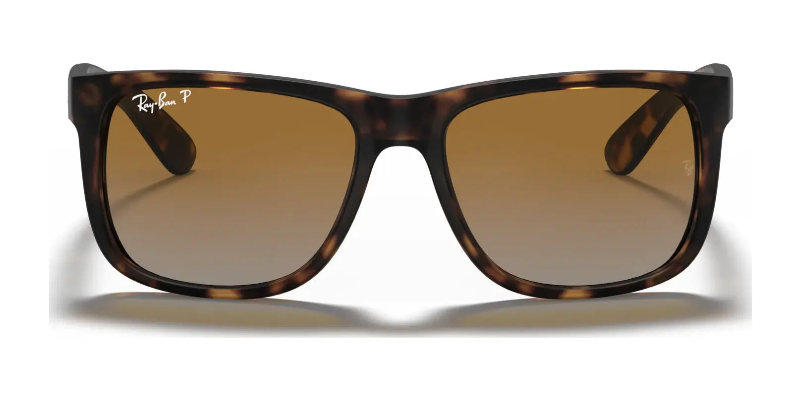 Ray-Ban JUSTIN RB4165 Sunglasses feature square tortoiseshell frames with brown lenses that offer 100% UV protection, set against a pristine white background.