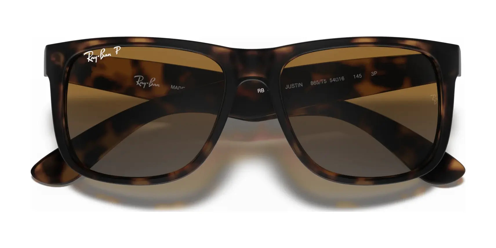 Ray-Ban JUSTIN RB4165 sunglasses featuring tortoiseshell frames and brown lenses, providing 100% UV protection, on a white background.