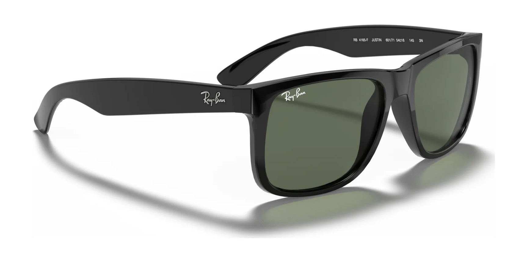 The Ray-Ban JUSTIN RB4165F sunglasses boast a sleek square frame with dark green lenses, a logo on the temples, and excellent UV protection.