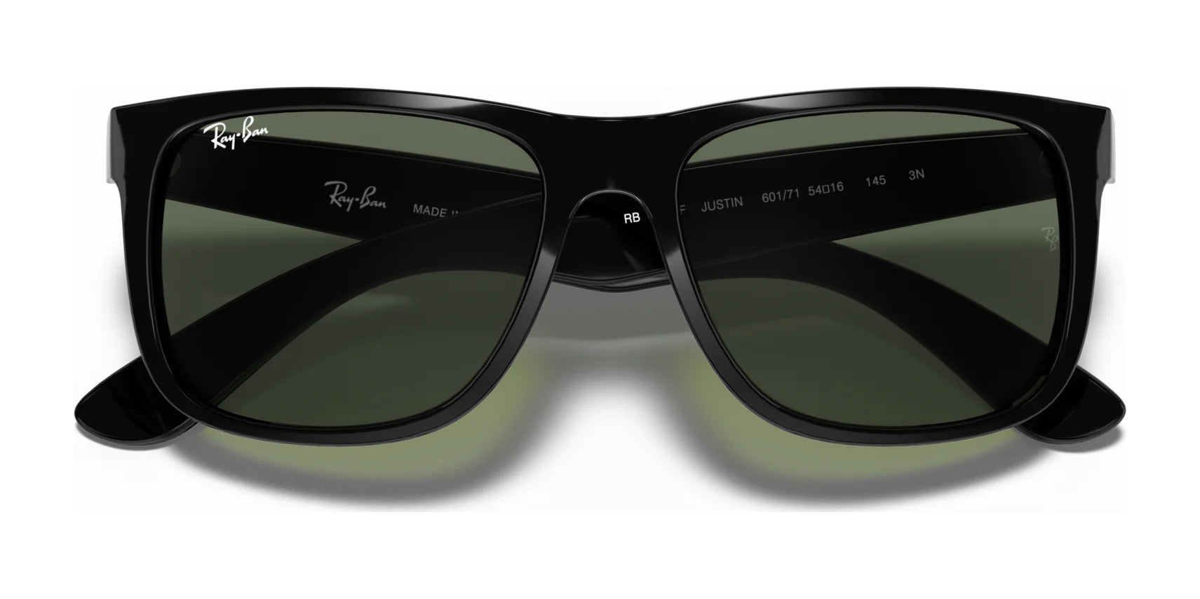 The Ray-Ban JUSTIN RB4165F sunglasses boast a sleek square frame with dark green lenses, subtly branded on the upper corner, providing style and UV protection.