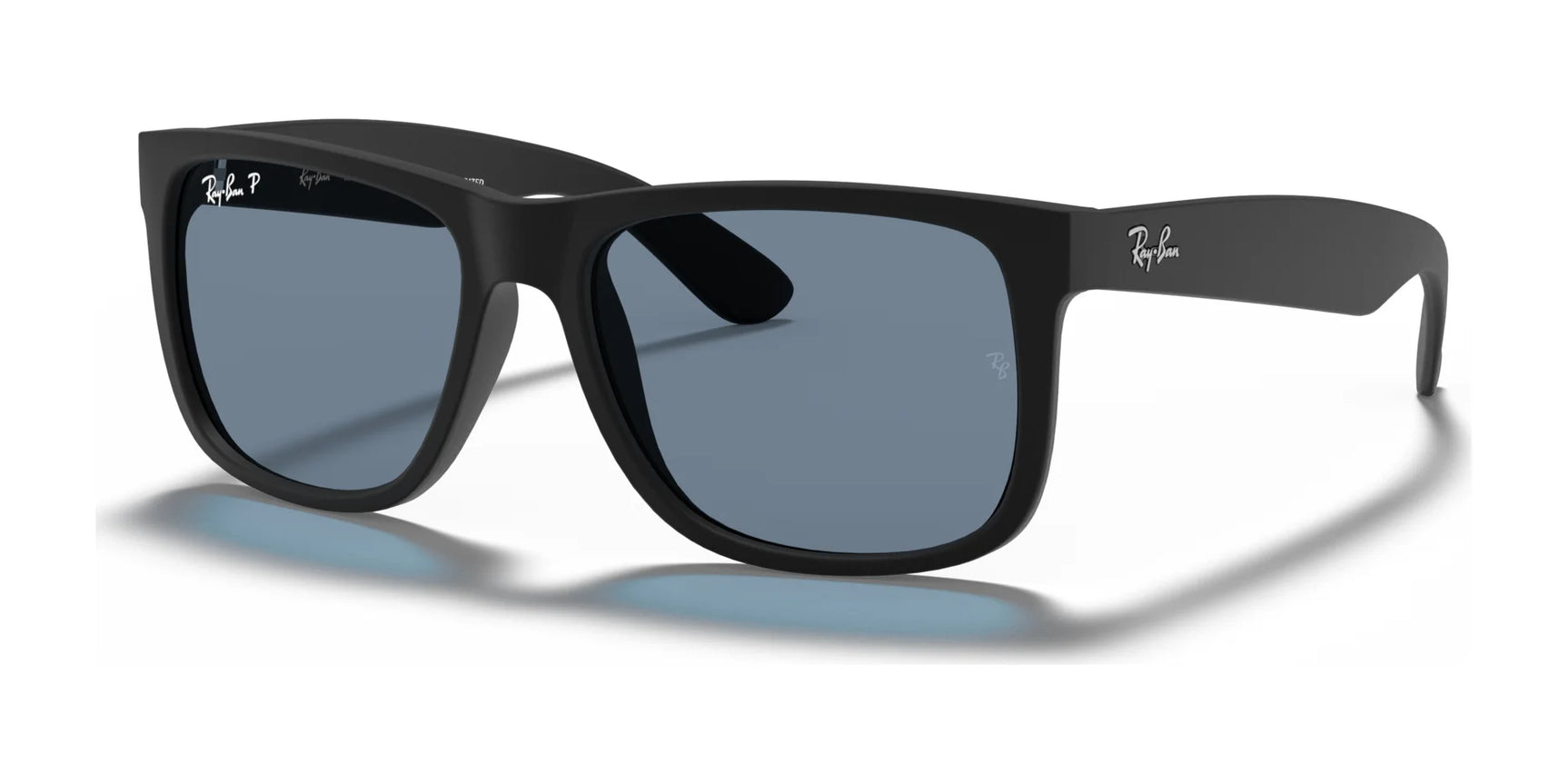 Ray-Ban JUSTIN RB4165F sunglasses in Rubber Black №622/2V are showcased on a white background, featuring sleek square frames with UV protection lenses.