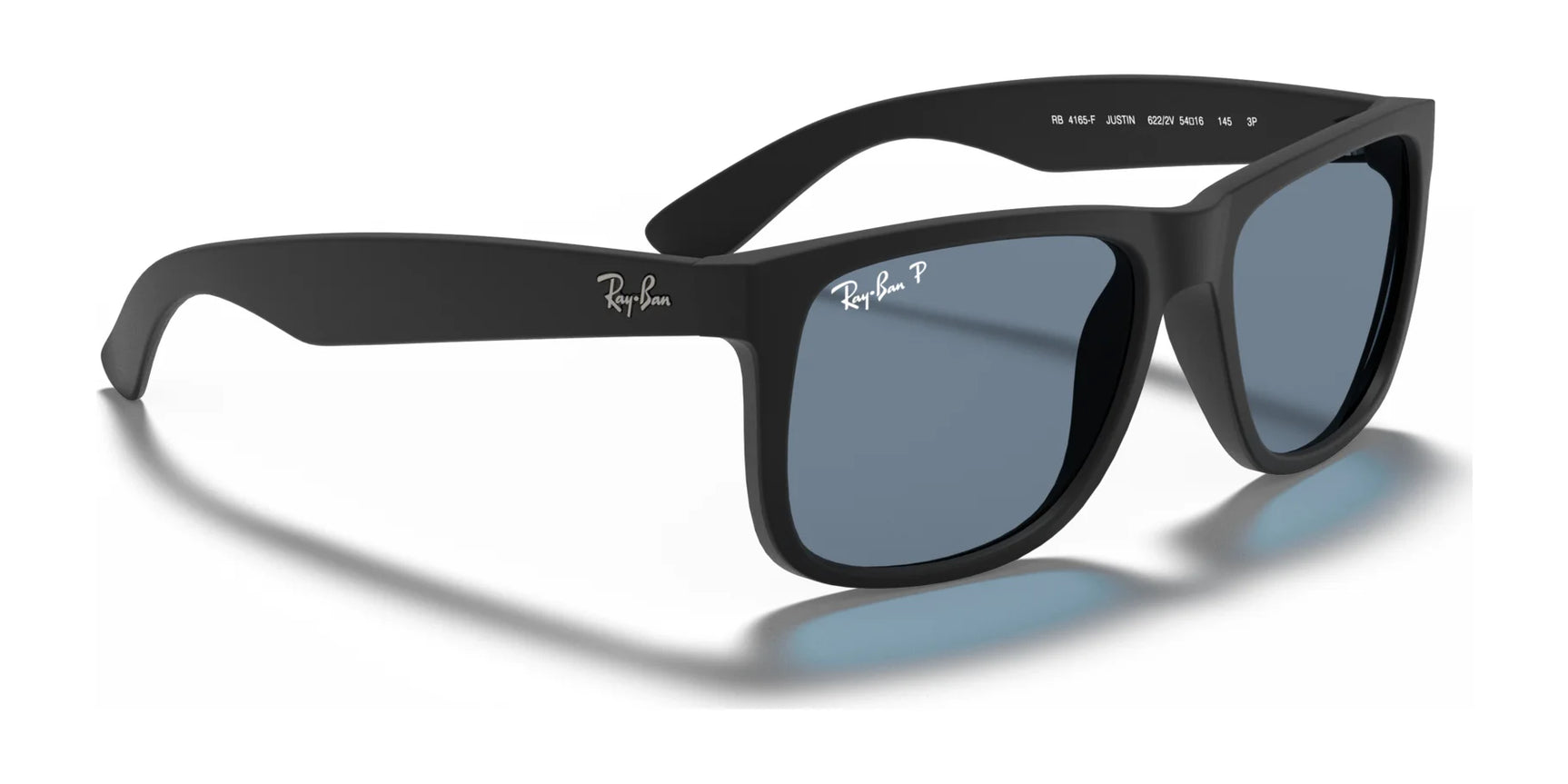 These Ray-Ban JUSTIN RB4165F sunglasses have black Wayfarer-style square frames, dark lenses with UV protection, and a logo on the temples.