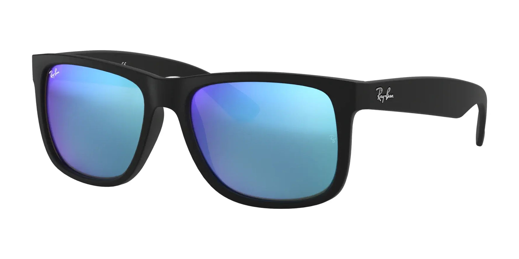 Ray-Ban JUSTIN RB4165F sunglasses in Rubber Black №622/55 feature a square-frame design, blue reflective lenses for UV protection, and a sleek Ray-Ban logo on the side.