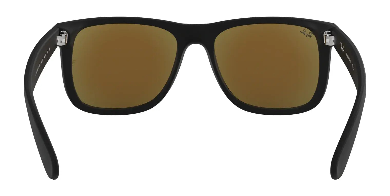 Ray-Ban JUSTIN RB4165F sunglasses feature a black rectangular design with brown lenses, a square frame, and excellent UV protection, displayed on a white background.