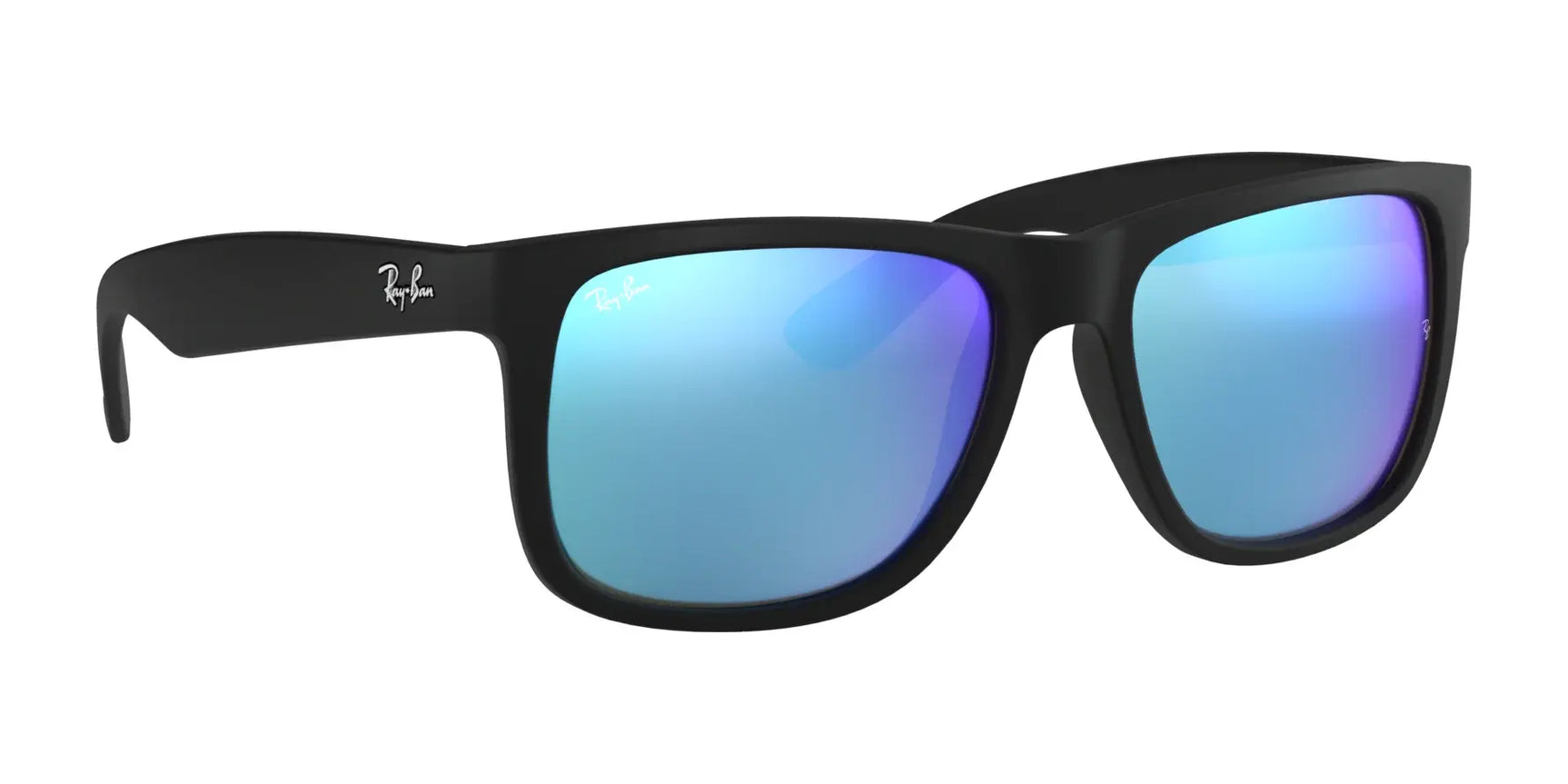 The Ray-Ban JUSTIN RB4165F sunglasses feature black square frames with blue reflective lenses and a small lens logo. These glasses provide excellent UV protection, combining style and functionality seamlessly.