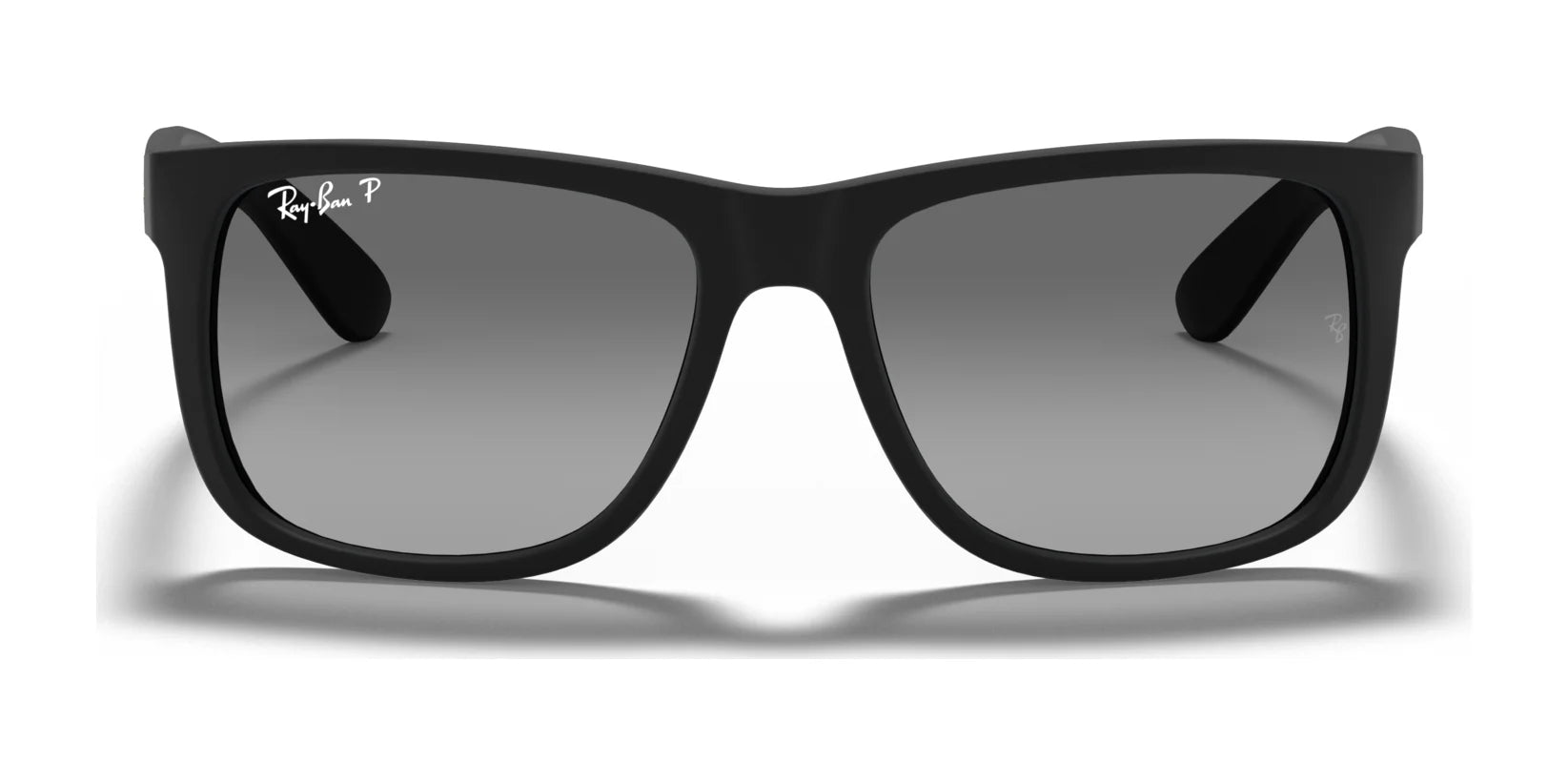 The Ray-Ban JUSTIN RB4165F sunglasses feature rectangular frames and dark lenses, providing excellent UV protection, set against a pristine white background.