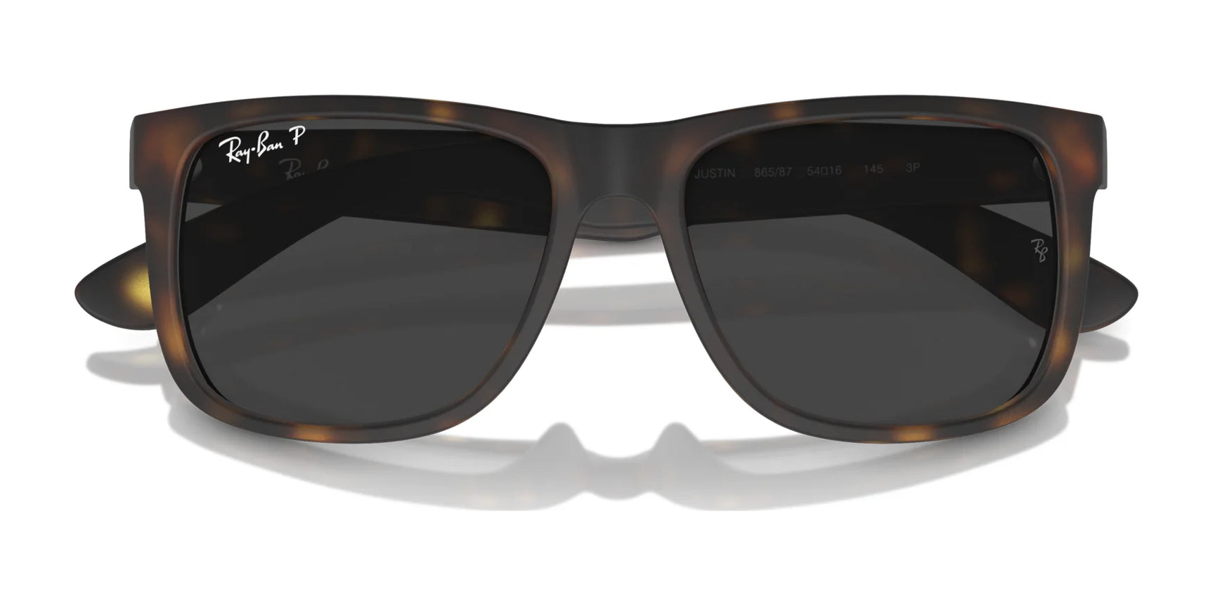 The front-view Ray-Ban JUSTIN RB4165F sunglasses feature a brown tortoiseshell square frame with dark lenses, offering UV protection.