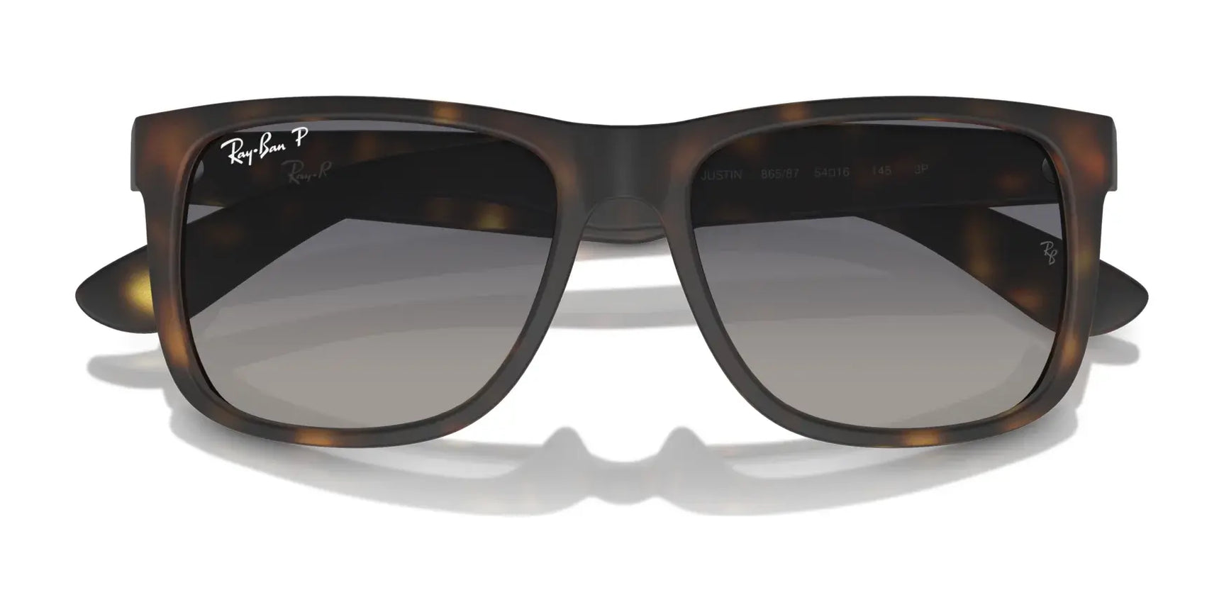 The Ray-Ban JUSTIN RB4165F sunglasses boast a stylish brown tortoiseshell square frame with dark lenses and a white logo on the top left, combining iconic design with UV protection.