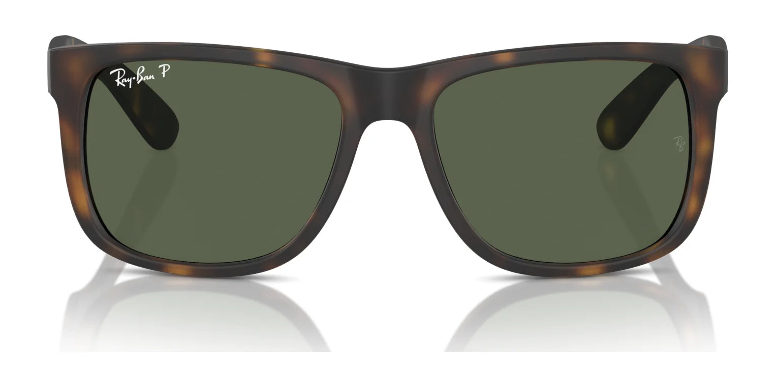 Ray-Ban JUSTIN RB4165F sunglasses feature square brown tortoiseshell frames with green lenses offering UV protection against a white background, highlighting Ray-Ban's timeless style.