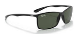 The Ray-Ban LITEFORCE RB4179 Sunglasses, Size 62, have a black square frame, dark lenses, silver-arm accents, offering a lightweight and durable design.