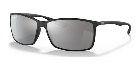 Black №601S82 Ray-Ban LITEFORCE RB4179 sunglasses on a white backdrop highlight their lightweight and durable rectangular design, featuring reflective lenses.