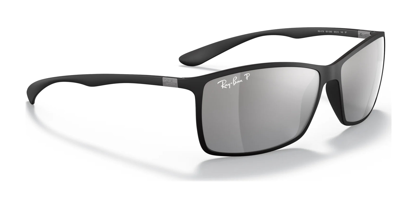 Black rectangular Ray-Ban LITEFORCE RB4179 sunglasses, size 62, feature reflective lenses with a small logo engraved on the top left lens. These durable and stylish sunglasses offer a lightweight design, perfect for any occasion.