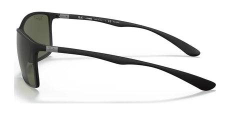 The Ray-Ban LITEFORCE RB4179 Sunglasses in size 62, with a black frame and green lenses, are shown from the side, showcasing brand details on the arm. These durable sunglasses excellently blend style and strength.