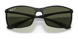 Close-up of black Ray-Ban LITEFORCE RB4179 Sunglasses, Size 62, with green lenses on a white background, highlighting their durable and lightweight design.