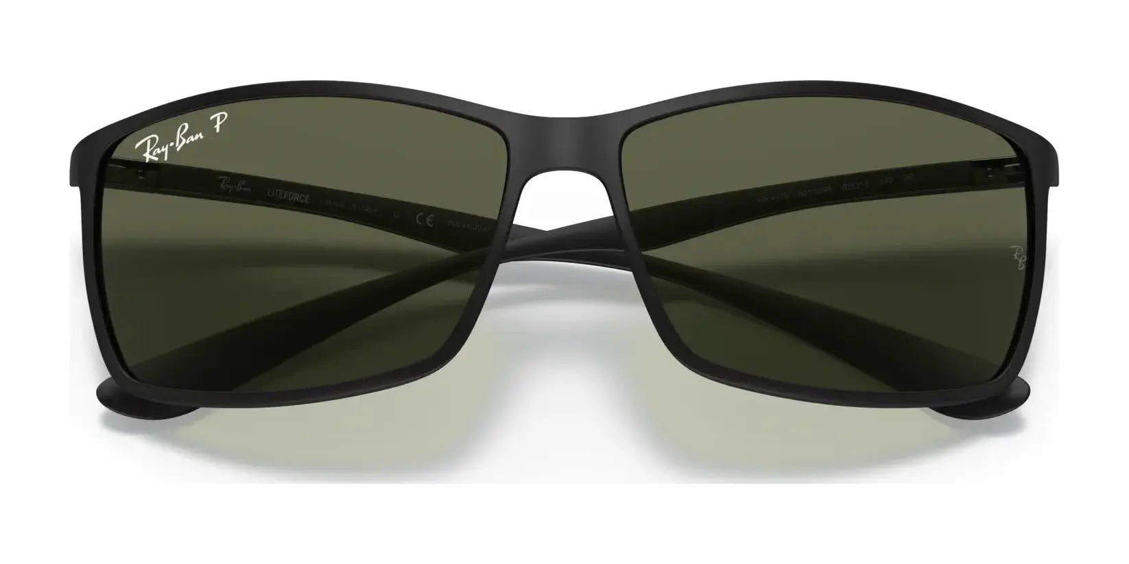 Close-up of black Ray-Ban LITEFORCE RB4179 Sunglasses, Size 62, with green lenses on a white background, highlighting their durable and lightweight design.