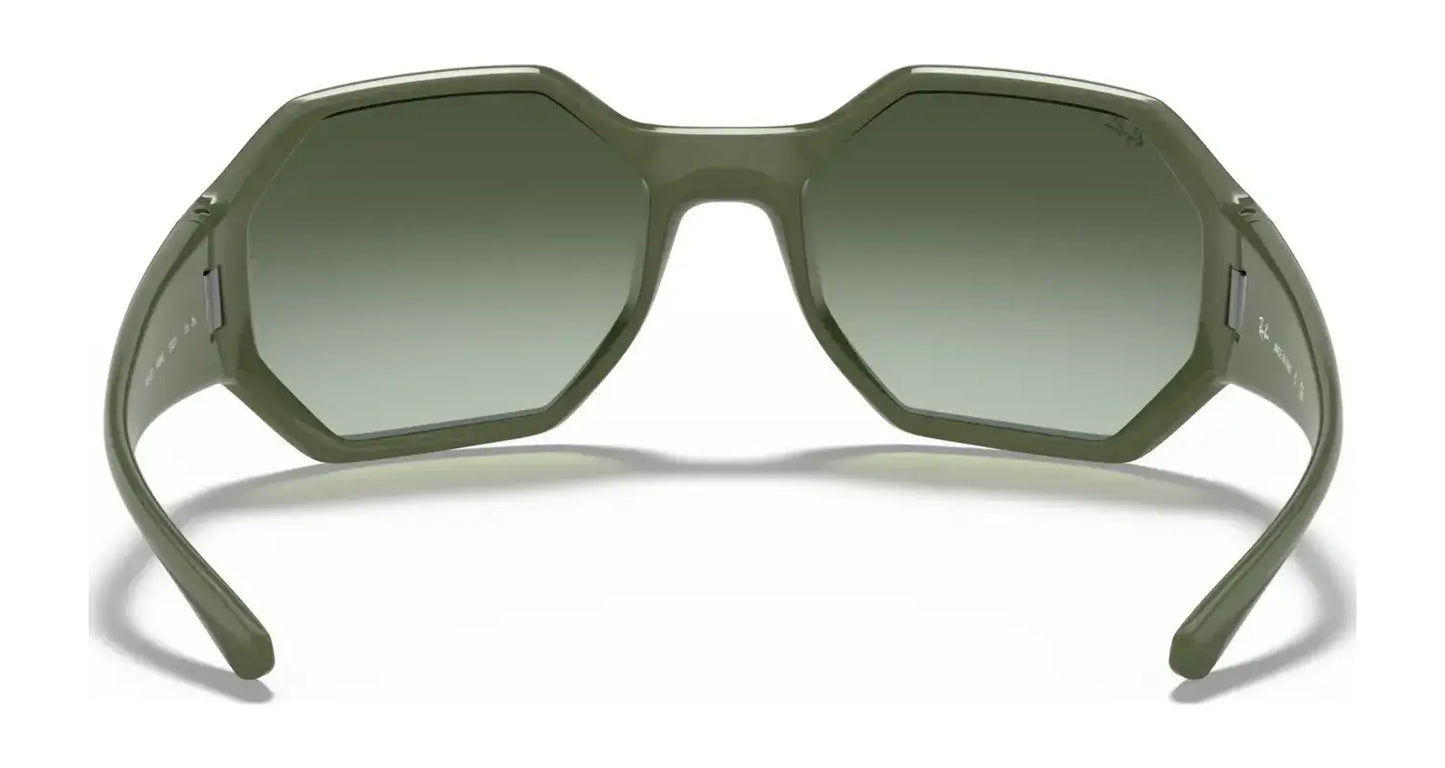 Ray-Ban RB4337 Sunglasses in size 59 feature green geometric frames with a matte finish and dark tinted lenses, viewed from the front, offering UV protection.