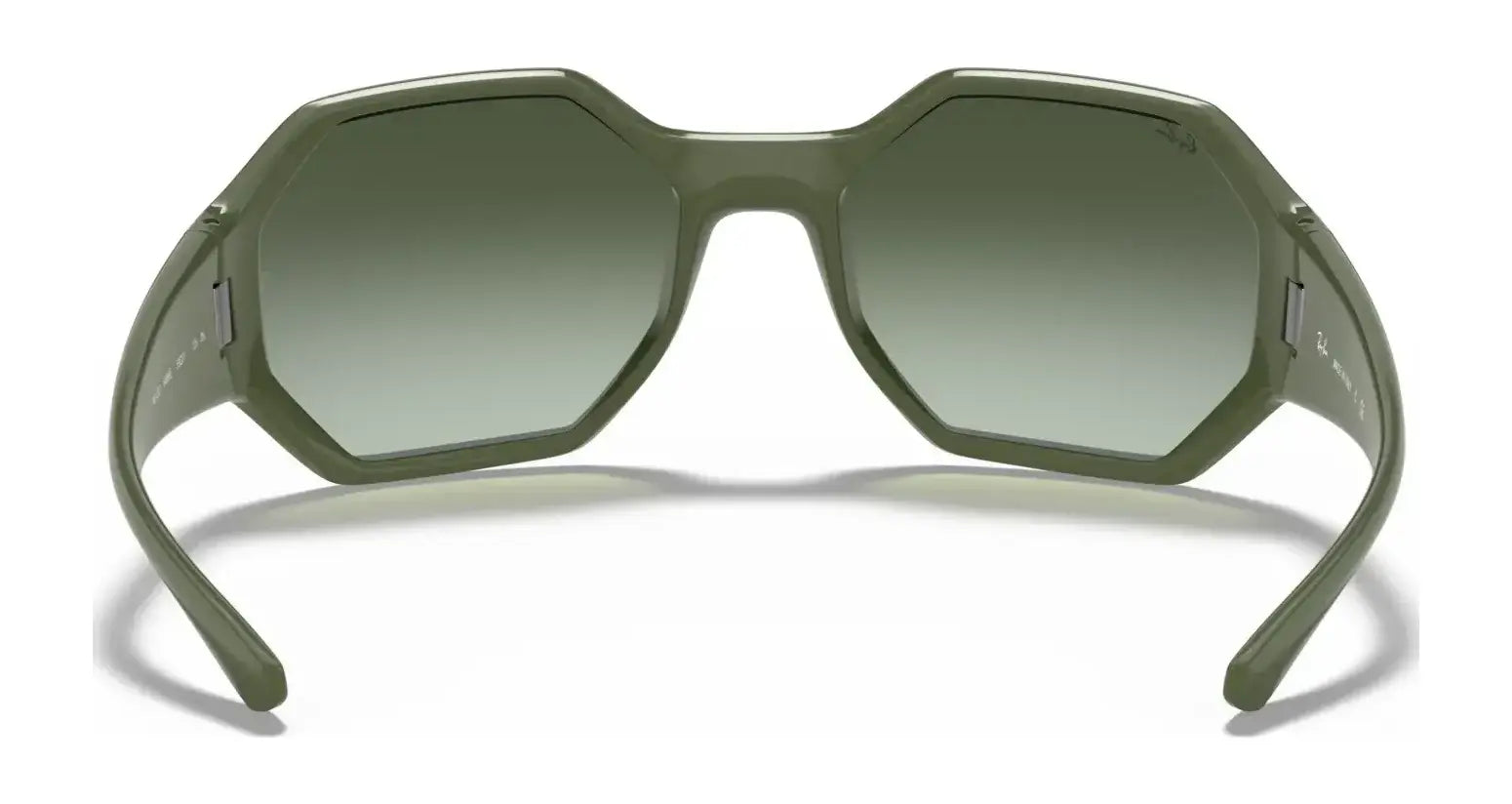 Ray-Ban RB4337 Sunglasses in size 59 feature green geometric frames with a matte finish and dark tinted lenses, viewed from the front, offering UV protection.