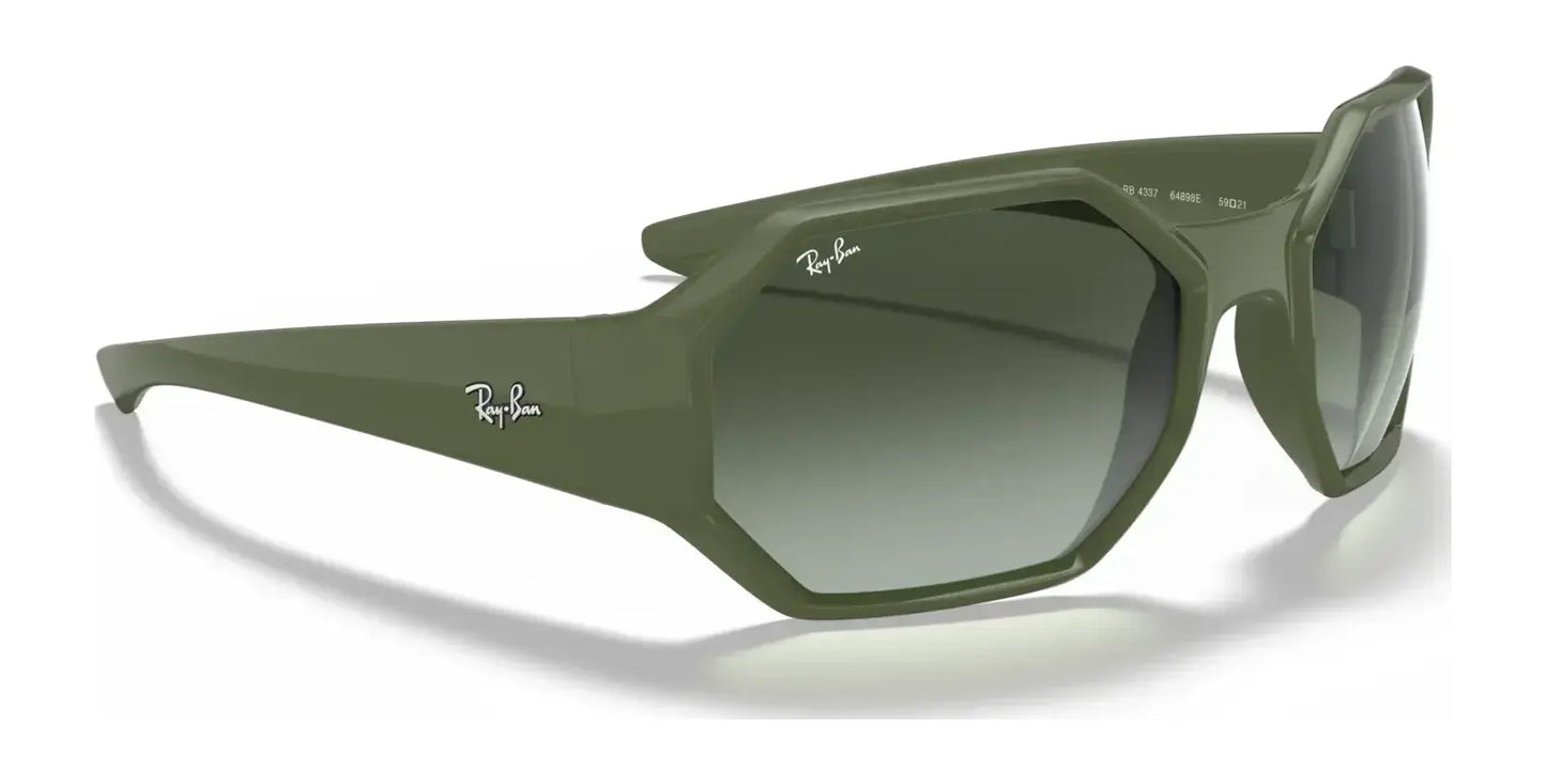 The Ray-Ban RB4337 Sunglasses, Size 59, feature an angular green frame paired with dark gradient lenses, shown from a side angle, and offer high-performance shades with superior UV protection.