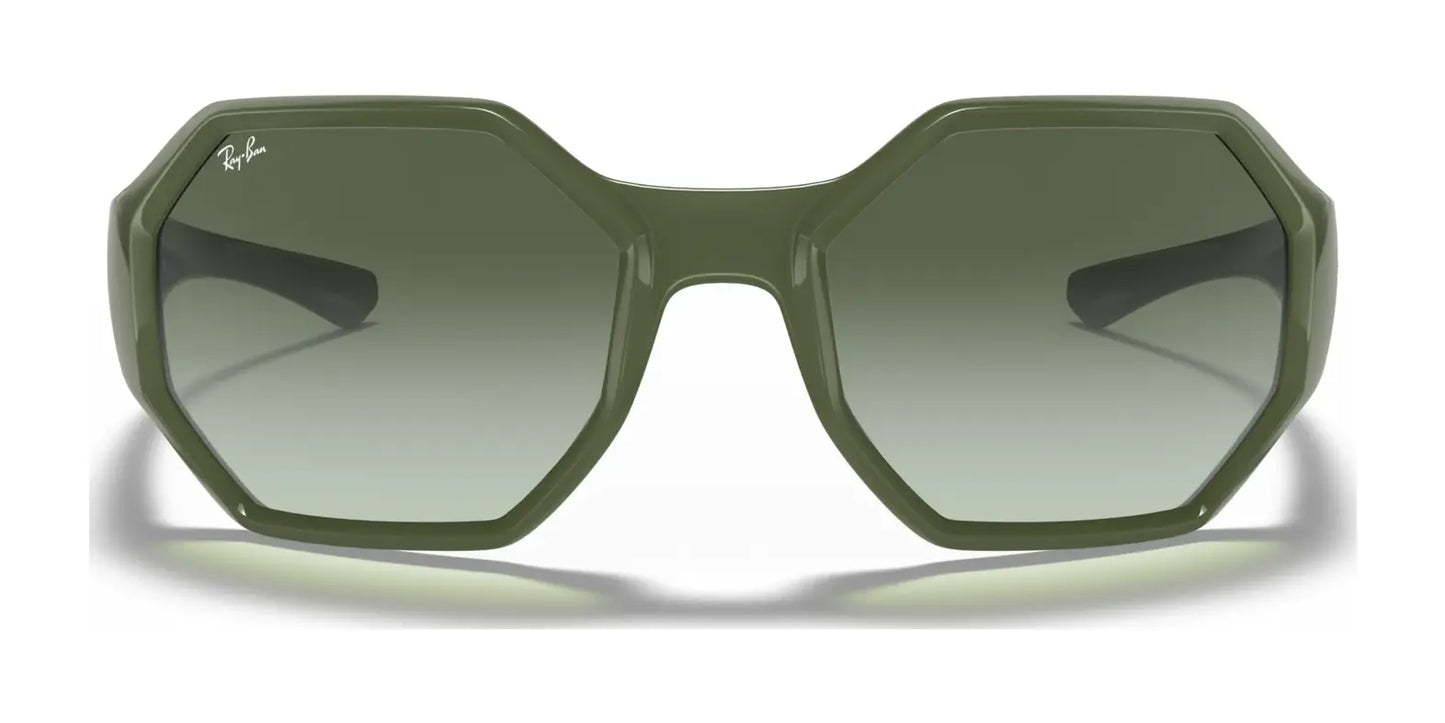 The Ray-Ban RB4337 Sunglasses | Size 59, with their green hexagonal frames and gradient lenses, feature a discreet logo on the top left corner. These high-performance shades offer UV protection and exude the iconic style Ray-Ban is known for.