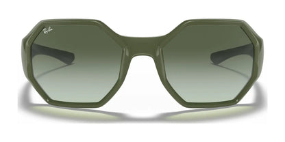 The Ray-Ban RB4337 Sunglasses | Size 59, with their green hexagonal frames and gradient lenses, feature a discreet logo on the top left corner. These high-performance shades offer UV protection and exude the iconic style Ray-Ban is known for.