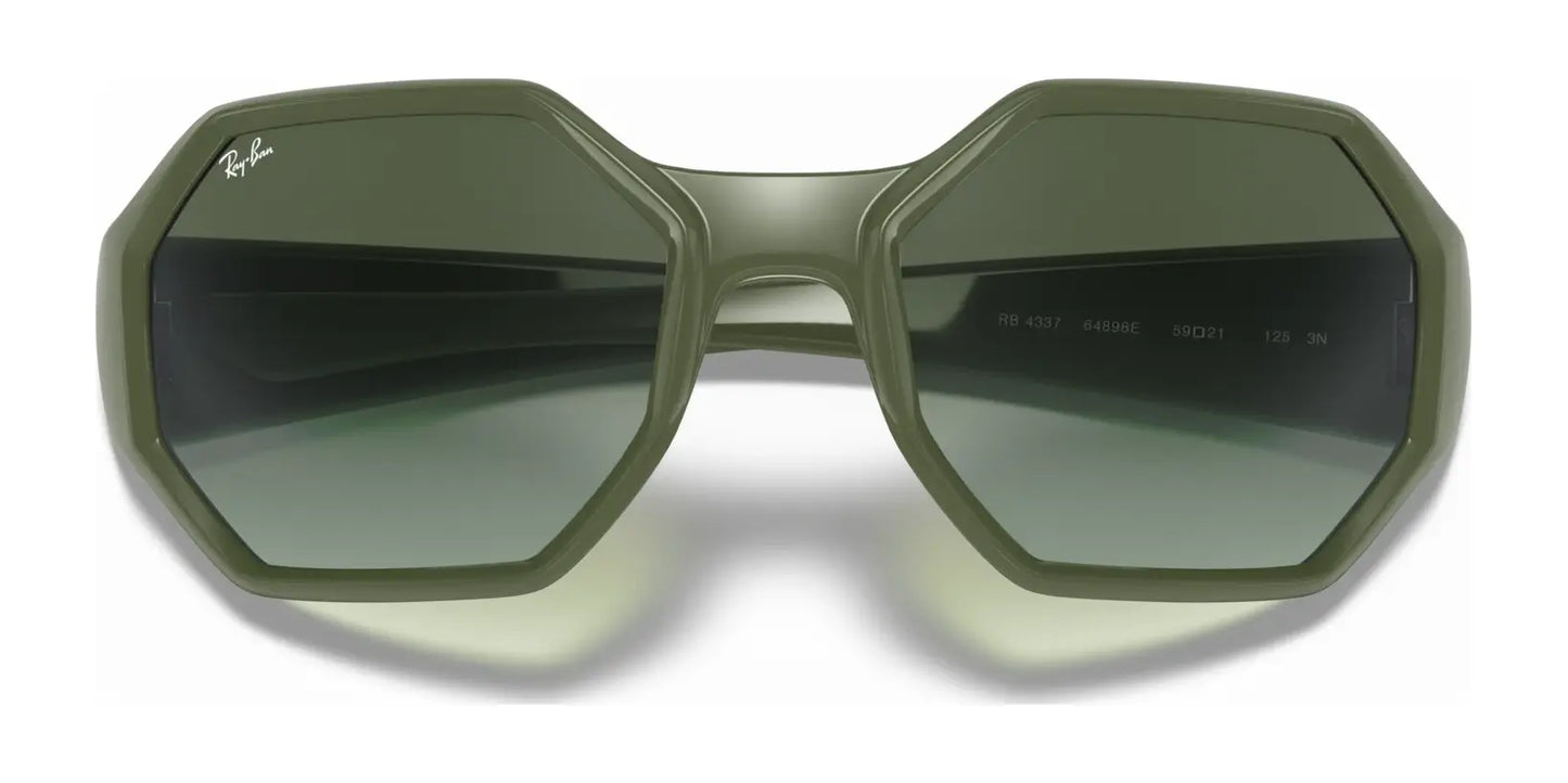 The Ray-Ban RB4337 Sunglasses in size 59 feature hexagonal green gradient lenses with a slight cat-eye shape, offering high-performance UV protection while seamlessly blending style and functionality.