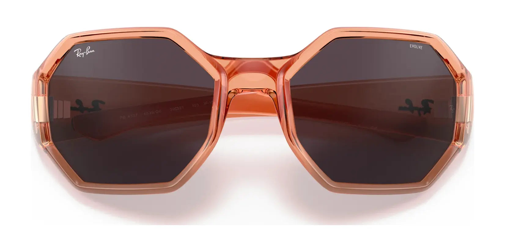 The Ray-Ban RB4337 Sunglasses | Size 59 provide superior UV protection with a stylish transparent orange frame and dark lenses, featuring a unisex octagonal shape.